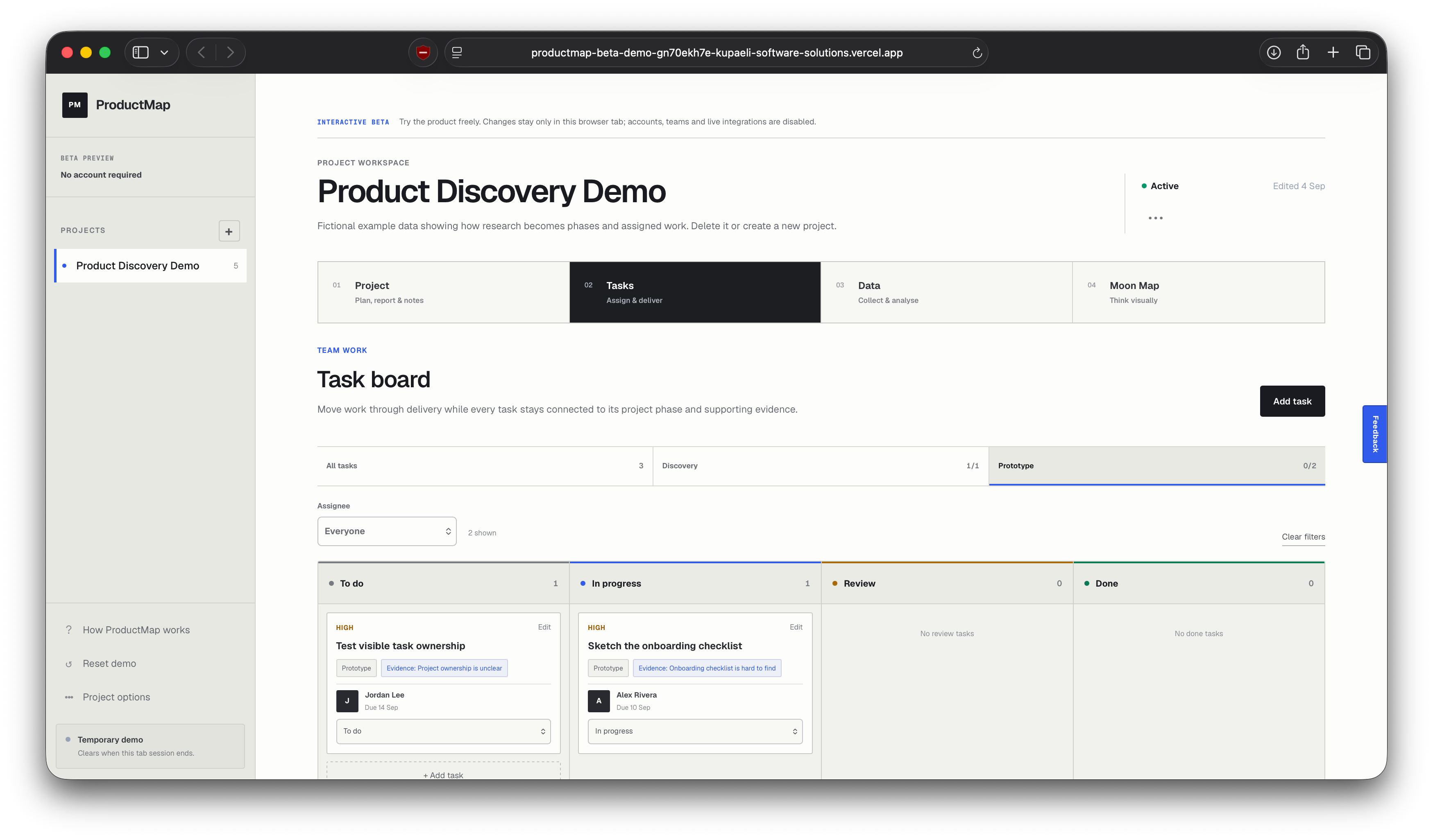 ProductMap project planning dashboard