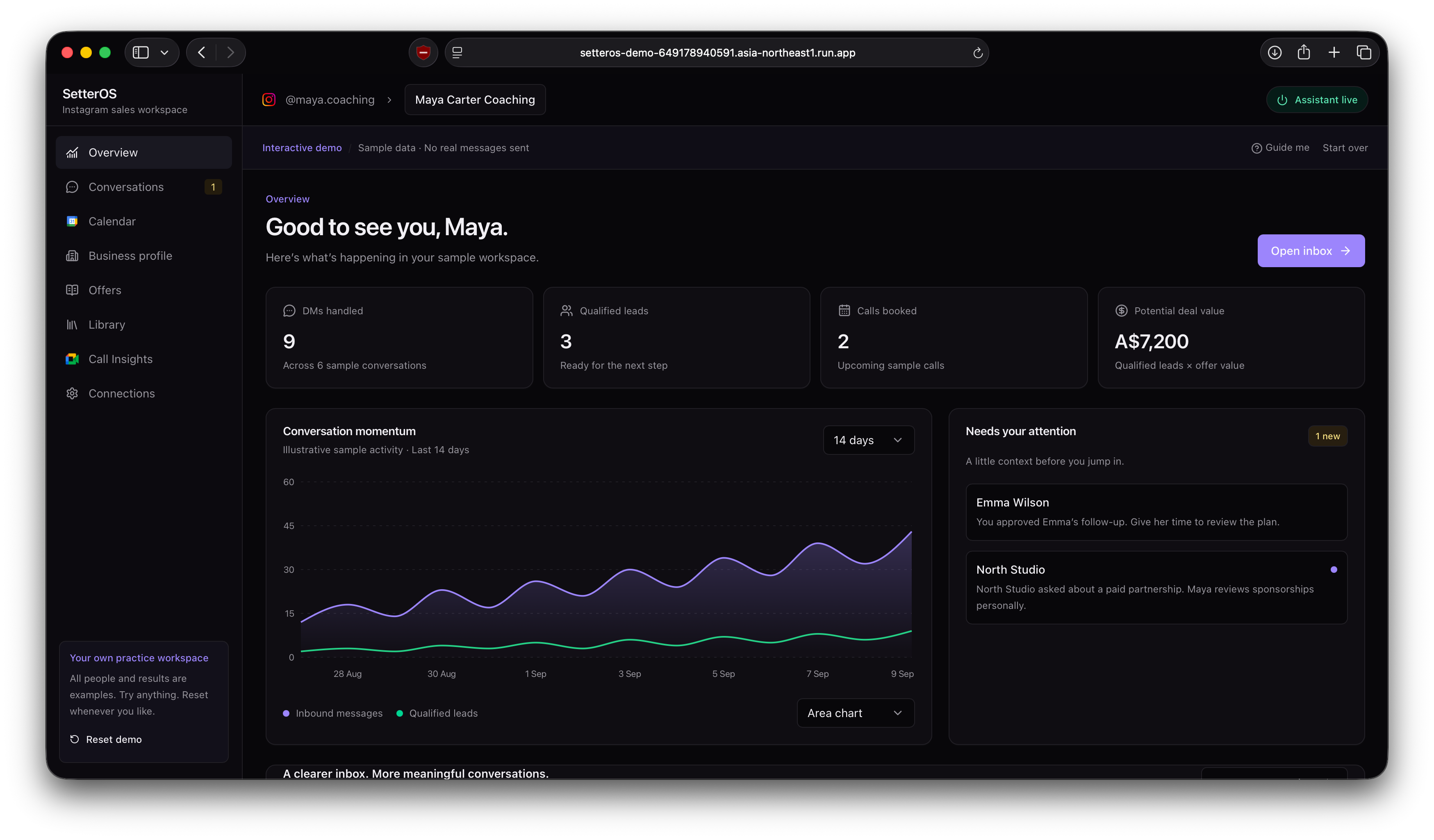 SetterOS Instagram lead management dashboard